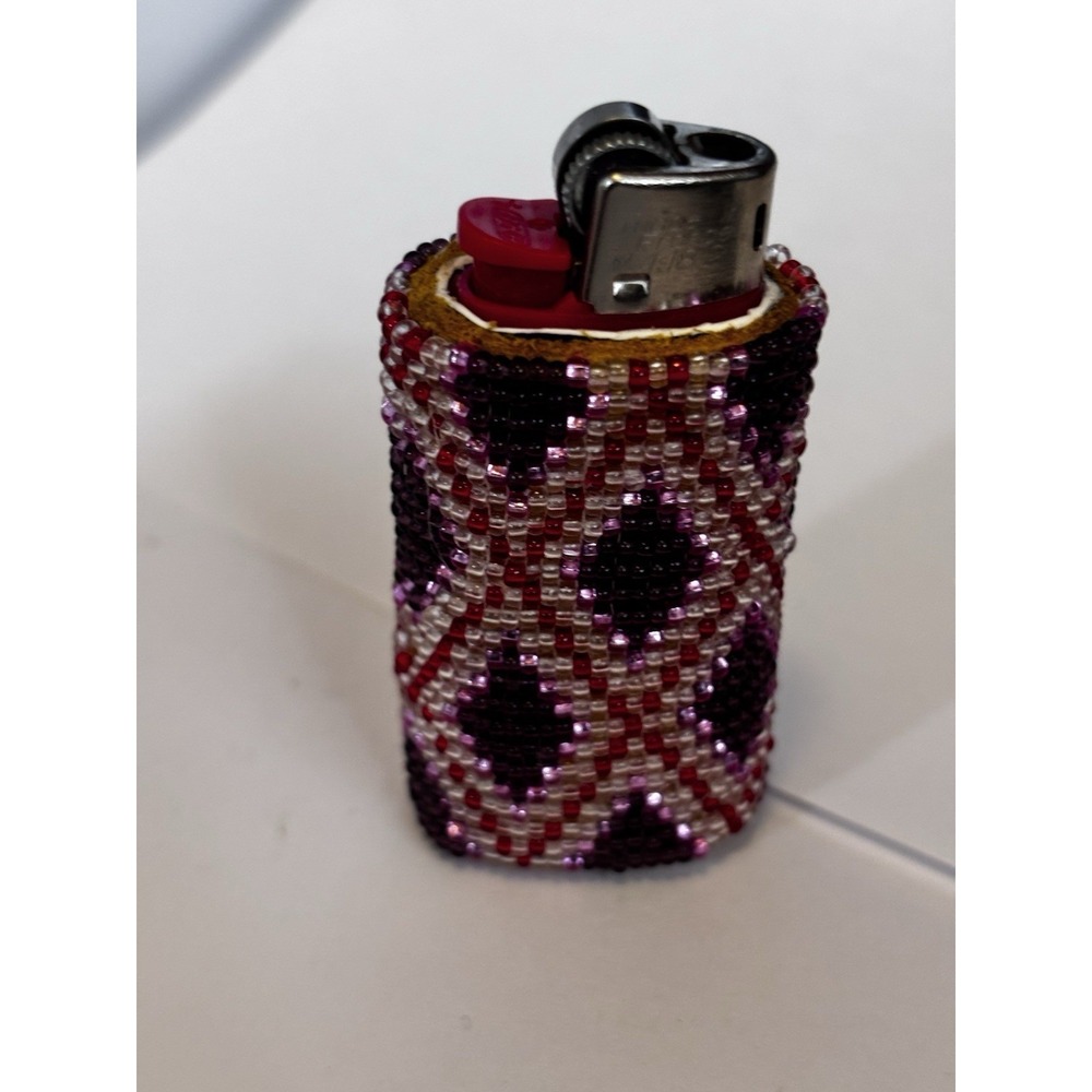 Handcrafted Native American Beaded Lighter Case, Burg/Red Tones, Leather Bottom
